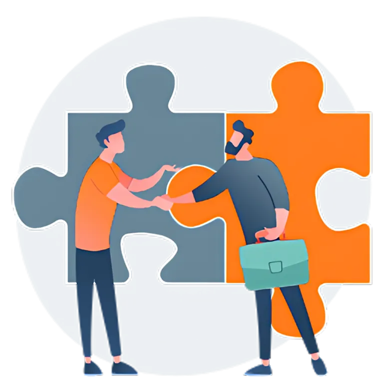 Two people working together to solve a puzzle, symbolizing collaboration.